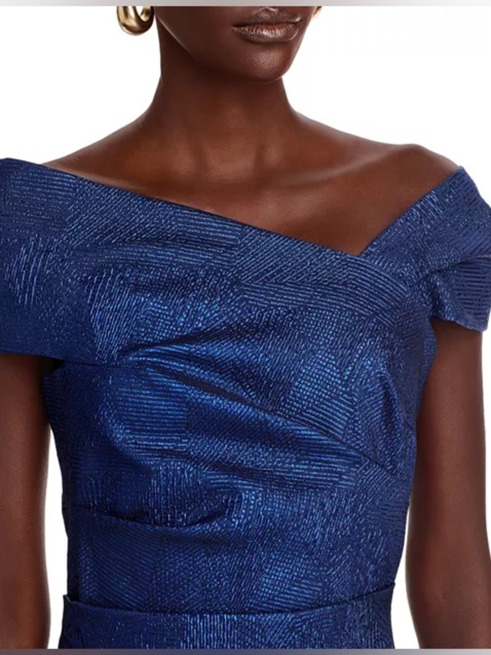 Teri Jon Rickie Freeman Sapphire Blue Metallic Off Shoulder Cocktail Dress 4 - Picture 2 of 14